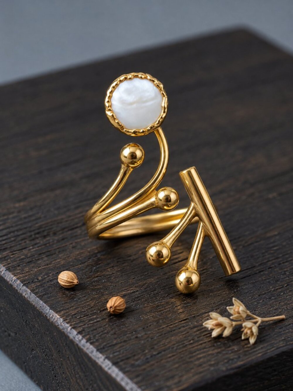 Sculptural Gold Ring Mother of Pearl Turkish Artisan Handmade Adjustable 8-10